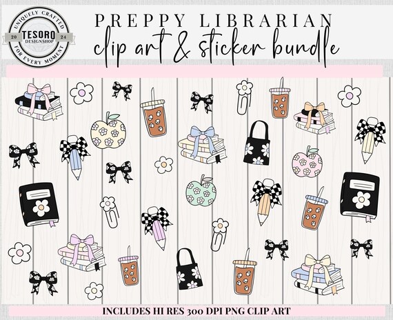 Preppy Librarian Clip Art Stickers |Pastel Book Lover Digital PNG | Library Sublimation |Reading Planner Sticker | Book Journal Tracker Gift