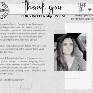 May include: A graphic with the text "Thank you for visiting my listing" and "Click to follow". The image includes a woman and the Tesoro Design Shop logo. The text welcomes visitors to the shop.
