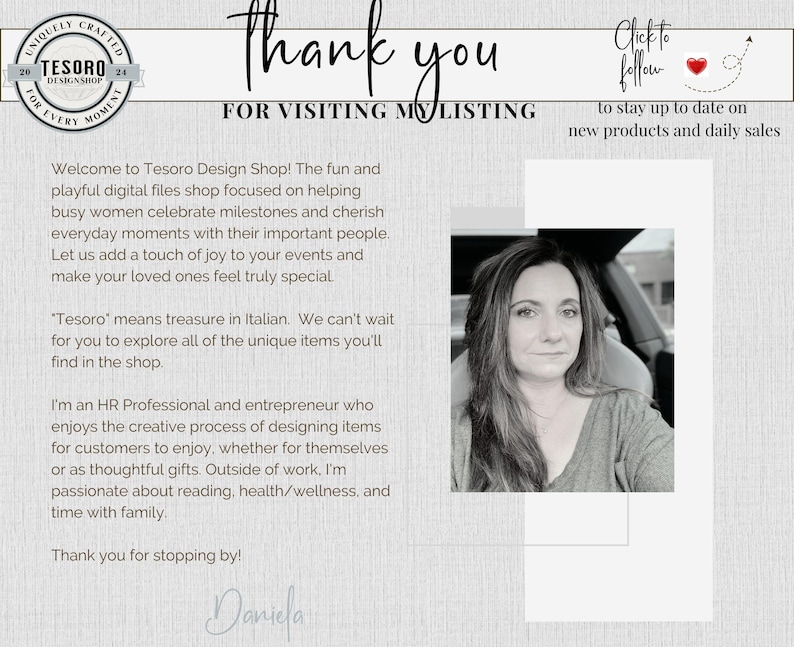 May include: A graphic with the text "Thank you for visiting my listing" and "Click to follow". The image includes a woman and the Tesoro Design Shop logo. The text welcomes visitors to the shop.