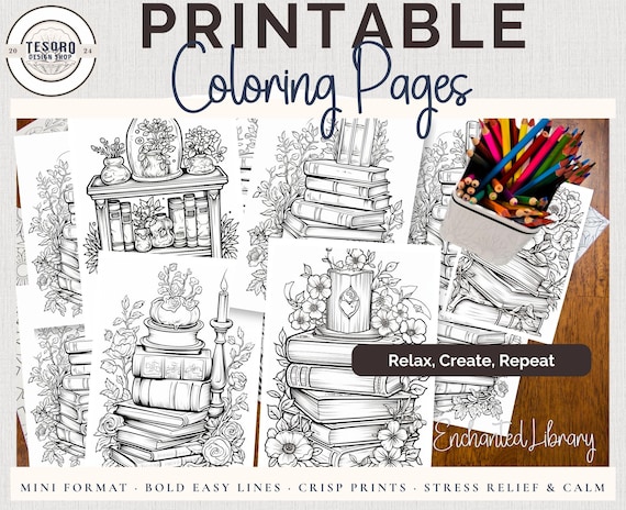 Simple Library Mini Coloring Pages |Easy Bold Line Art Adults Download 20 Page Printable PDF Book |Relaxation Stress Relief Self Care Hobby