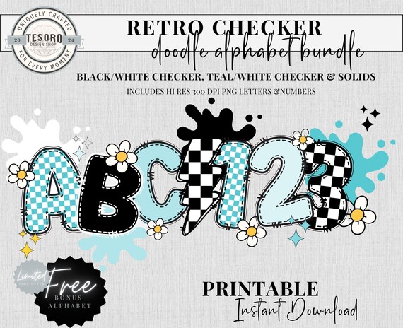 Checker Alphabet Bundle Doodle PNG | Blue Checker Retro Letters School Teacher PNG | Black Checker Clipart | Instant Download | Lightening