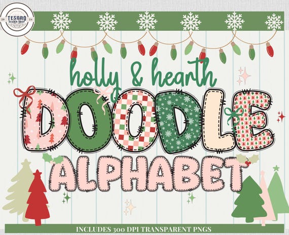 Pink Green Christmas Alphabet Doodle PNG Letters | Holiday Clip Art | Cricut Print Cut |Teacher Bulletin Board Bundle |Printable Class Decor