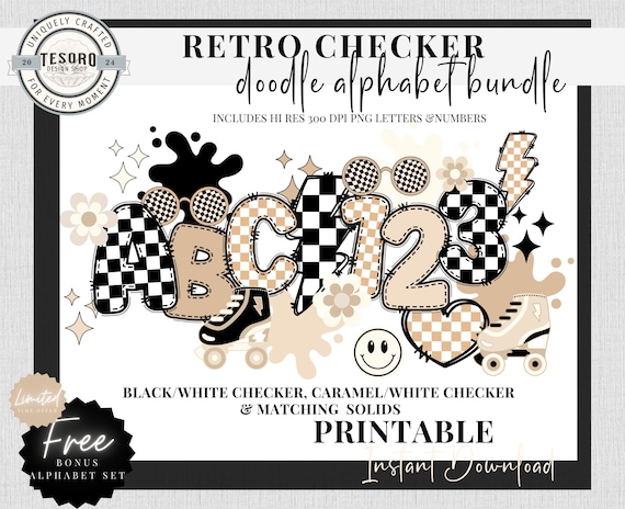 Checker Alphabet Bundle Doodle PNG Black Tan| Caramel Checker Retro Daisy Alpha | Clipart Teacher PNG School Bulletin Board | Sublimination