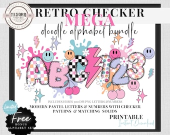 Checker Doodle Alphabet Bundle |Pastel Checker & Daisy Letters |Retro Clipart |Sublimination | Teacher PNG School Bulletin Board Trendy Font