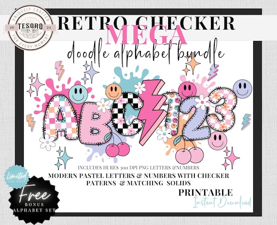 Checker Doodle Alphabet Bundle |Pastel Checker & Daisy Letters |Retro Clipart |Sublimination | Teacher PNG School Bulletin Board Trendy Font