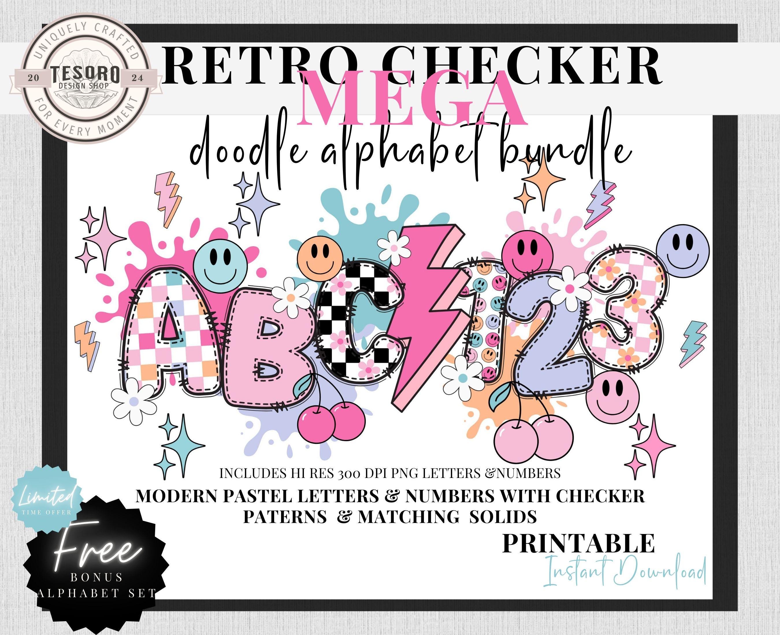 Checker doodle alfabet bundel | Pastel checker & madeliefjesletters | Retro clipart | Sublimatie | Leraar PNG School prikbord trendy lettertype