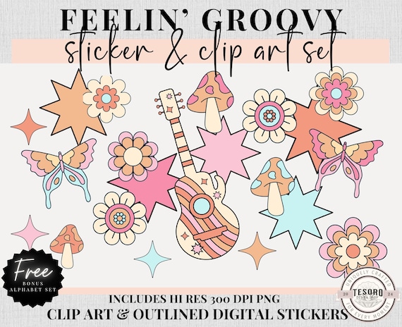 Retro Doodle Clip Art PNG |Groovy 70s Retro Clipart | Digital Planner Stickers |Sublimination Digital File |Teacher PNG Classroom Decor