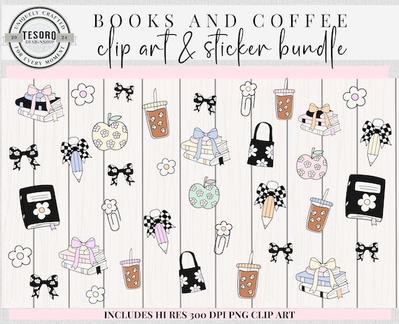 Books and Coffee Clip Art Stickers |Preppy Pastel Read PNG Bundle |Reading Sublimation | Reading Planner Sticker | Book Journal Tracker Gift