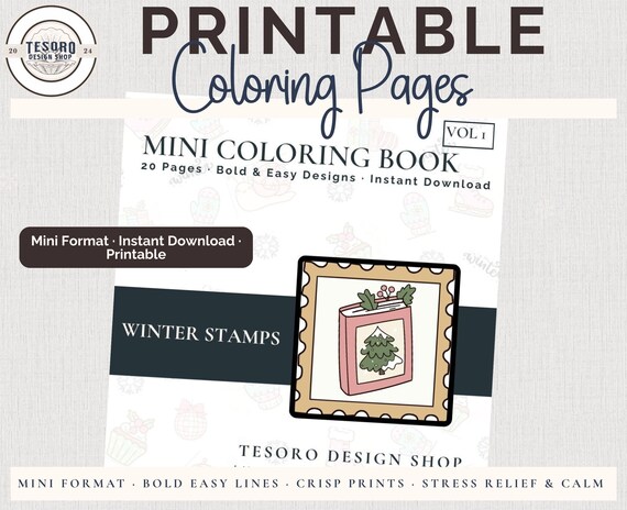Winter Mini Coloring Pages |Easy Bold Line Art Adults Relaxation Stress Relief Self Care Hobby |Cozy Simple Digital Download  Printable PDF