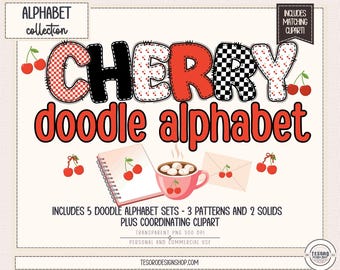 Paquete de imágenes prediseñadas del alfabeto de cerezas / Letras de garabatos a cuadros PNG / Imágenes prediseñadas retro para manualidades y decoración de aulas / Archivo de sublimación de descarga instantánea