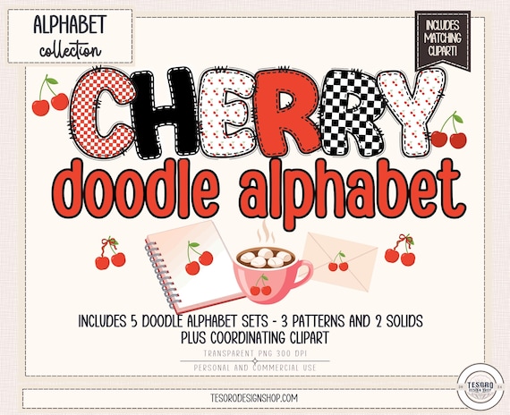 Cherry Alphabet Clip Art Bundle |Checker Doodle Letters PNG |Retro Clipart for Crafts Classroom Decor |Instant Download Sublimination File