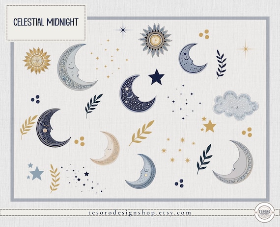 Celestial Clip Art Set |Navy Gold Sun Moon Star PNG |Sublimation Scrapbook Elements Digital Paper |Fabric & Sublimation| Gift Wrapping Paper