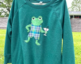 Handmade, appliqué sweatshirt with cheeky frog drinking a martini with flies