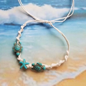 Turquoise Sea Turtle Anklet: Boho Cord Bracelet