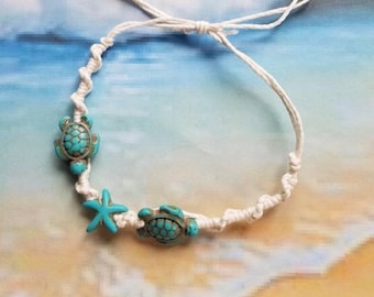 Turquoise Sea Turtle Anklet: Boho Cord Bracelet