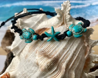 Surf buddies anklet/bracelet. Starfish and a sea turtle adorn this Boho friendship anklet/bracelet in black cord
