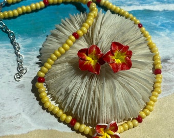 Hawaii Royal Colors Hula Girl. Red with yellow center Plumeria flower bead choker necklace, 14 inches , 2 inch extension, free earrings.