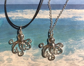 Octopus Pendant necklace on a silver Chain or shiney black cord