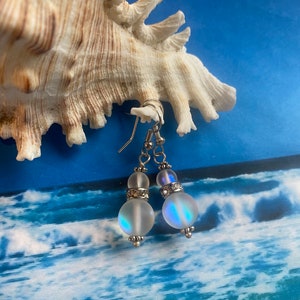 Mermaid glass earrings, Czech glass bead, Mystic Angel Aura Quartz 10mm, and 6mm with rhinestone rondelle, drop earrings image 3