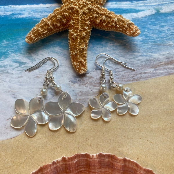 Aloha Mother of Pearl, white Plumeria flower; large 7/8 inch, or medium 5/8 inch, drop earring with white pearl