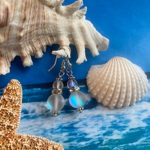 Mermaid glass earrings, Czech glass bead, Mystic Angel Aura Quartz 10mm, and 6mm with rhinestone rondelle, drop earrings image 1