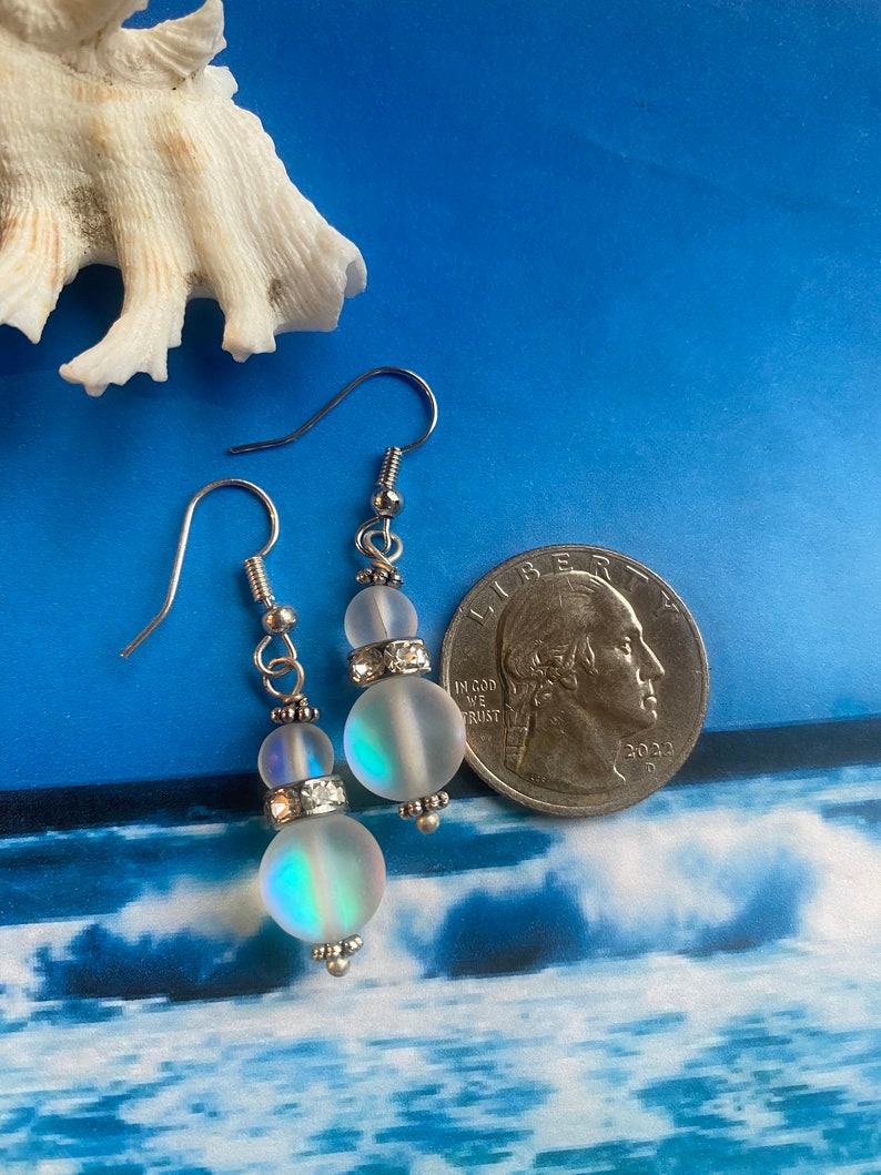 Mermaid glass earrings, Czech glass bead, Mystic Angel Aura Quartz 10mm, and 6mm with rhinestone rondelle, drop earrings image 2