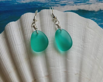Teal green Sea Glass Drop Earrings: Silver Plated, Rhodium Hooks