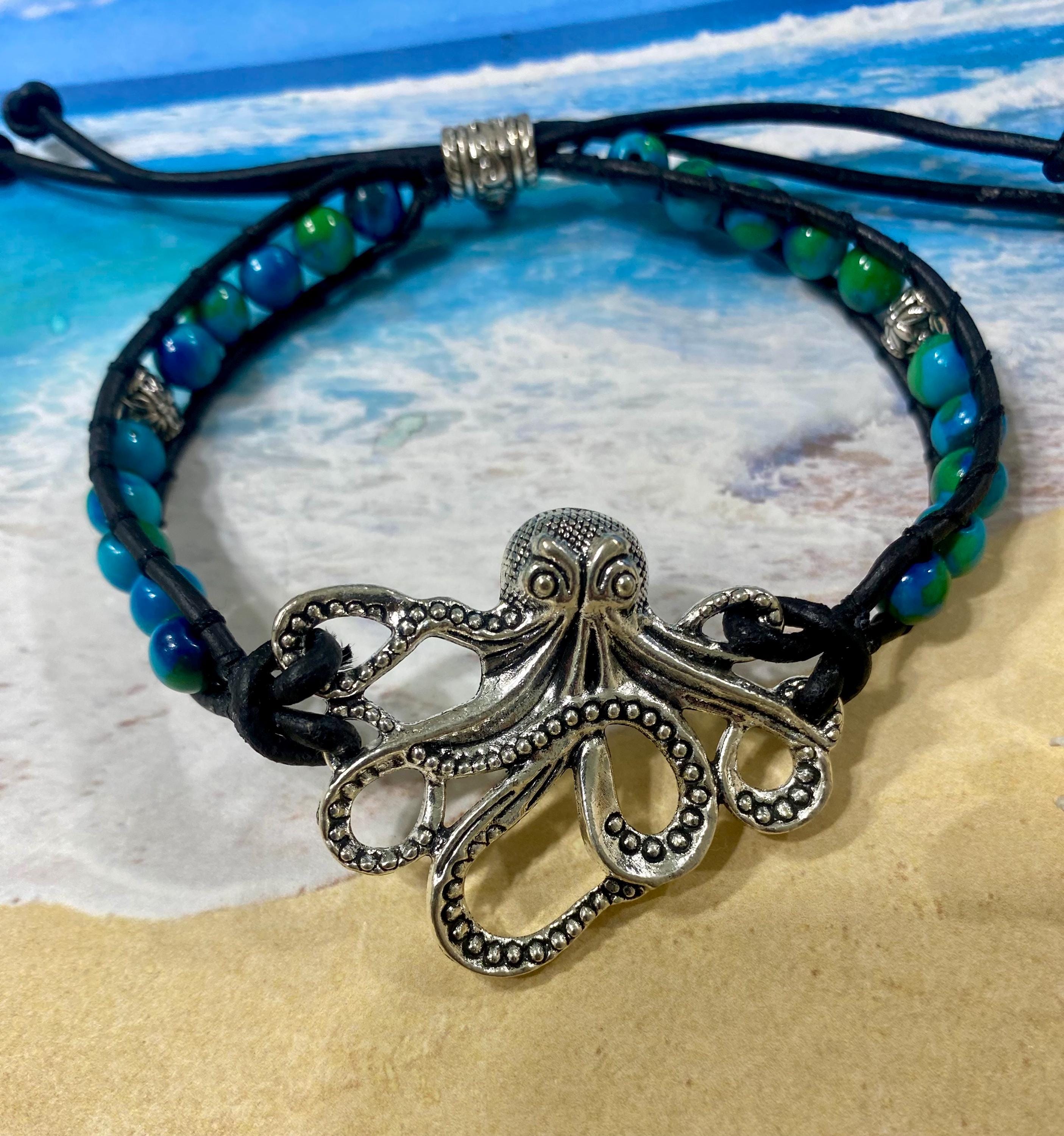Octopus Arm Band: Black Leather, Blue Green Stone Beads, Silver Detail ...