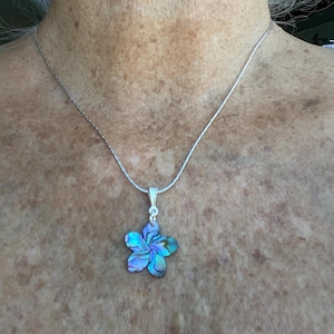 Paua Abalone Plumeria Necklace: Blue Green Flower, option for Sterling Silver Chain or black cord