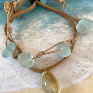 Boho Beach Bracelet Set: Aqua Sea Glass, Cowry Shell, Leather Cord