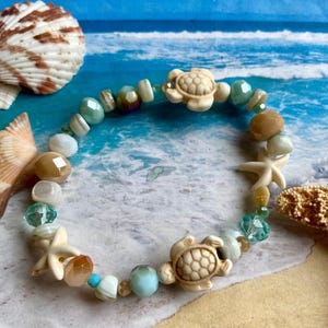 Aqua Czech Crystal, Sea Turtle & Starfish beachy stretch bracelet