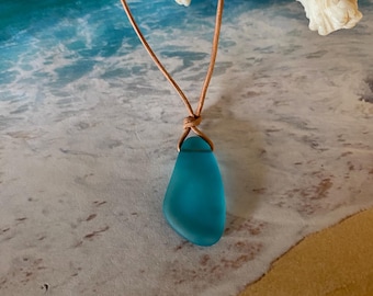 Bright Aqua Seaglass Choker: Tan Leather Boho Necklace