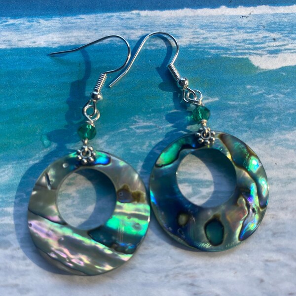 Abalone, Paua, gorgeous, natural shell Lazer cut into loops. Earrings 25mm (1”) drop earrings with single green 3mm crystal