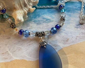 Blue Seaglass Pendant necklace Ocean blues of crystal, glass and metal beads with chain necklace.