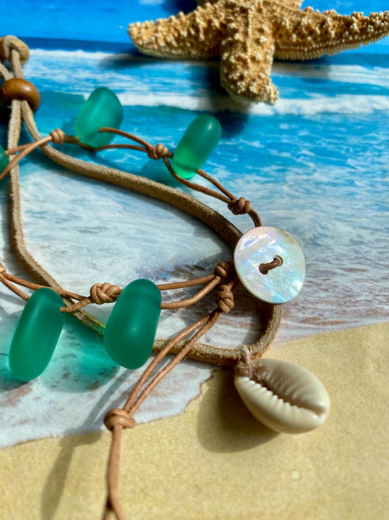 Teal Green Seaglass Bracelet Set, Agoya Shell, Cowry Shell, Boho ...