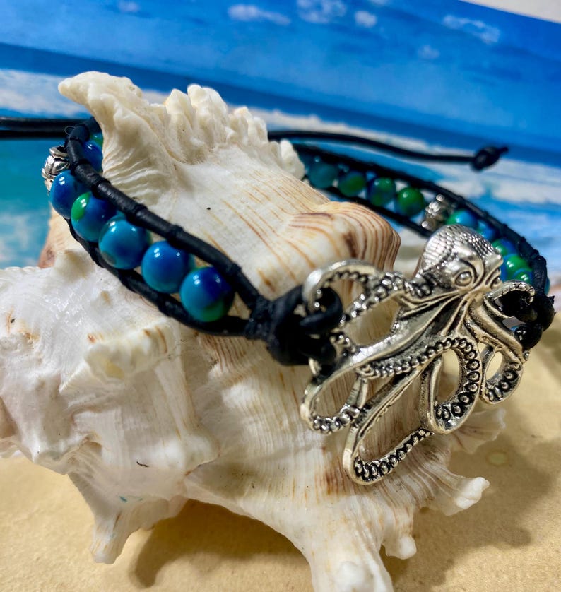 Octopus Arm Band: Black Leather, Blue Green Stone Beads, Silver Detail ...