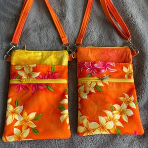 Aloha Orange Plumeria Cell Phone Pouch, Crossbody Shoulder Waist Bag, Cotton Fabric, Handmade (Yellow or Orange lining)