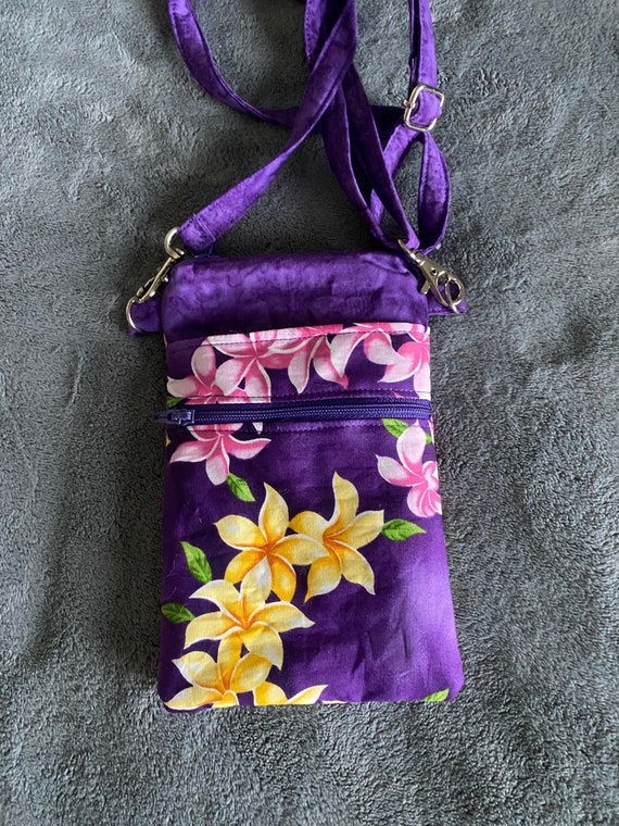 Aloha Purple Plumeria Cell Phone Pouch, Crossbody Shoulder Waist Bag, Cotton Fabric, Handmade Hawaiian Print