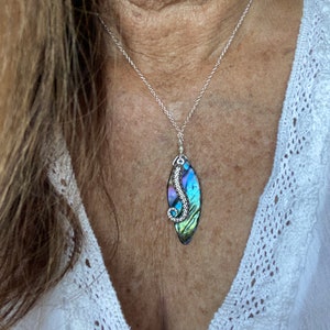 Iridescent Mussel Shell Necklace: Silver Octopus Tentacle, 18 inch Chain