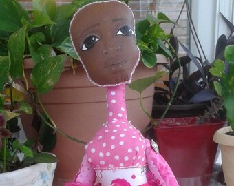 OOAK Beaded Face/Breast Cancer Art Doll/ Art Collectible/ Black Cancer Doll, Black Art Doll-Patchwork Doll/Tikva