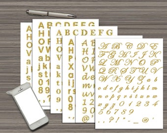 Gold Glitter Alphabet Clip Art Digital Download ,Hi-Res Clip art Letters Numbers & Symbols, 6 types of Transparent Fonts PNG format Photos