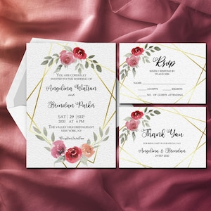 Modello di invito di nozze personalizzato, cartello di ringraziamento, benvenuto e biglietto RSVP modello MS Word, set di inviti di nozze stampabili con download immediato;