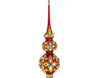 Diamond Stars Double Ball Artisan Hand Crafted Mouth Blown Glass Christmas Tree Topper 16 Inches