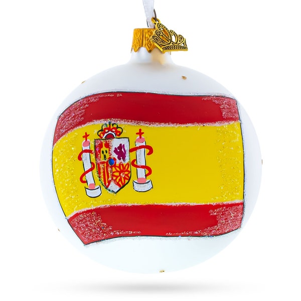 Adorno navideño con bola de vidrio soplado con bandera nacional española, 3,25 pulgadas