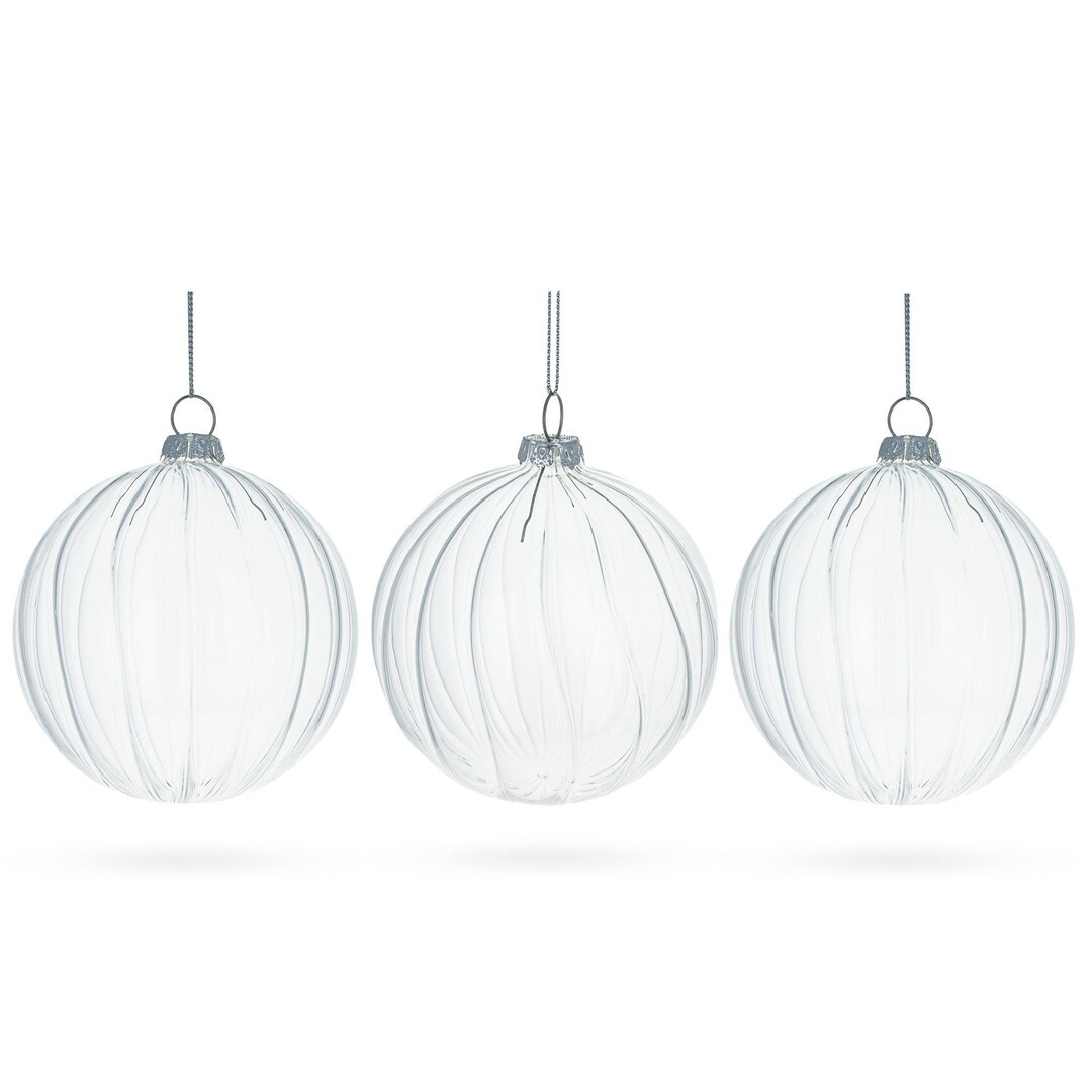 Set of 3 Striped Clear Glass Ball Ornaments 4.2 Inches Etsy
