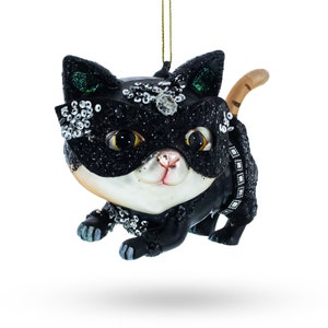 Mysterious Cat in Mask - Blown Glass Christmas Ornament