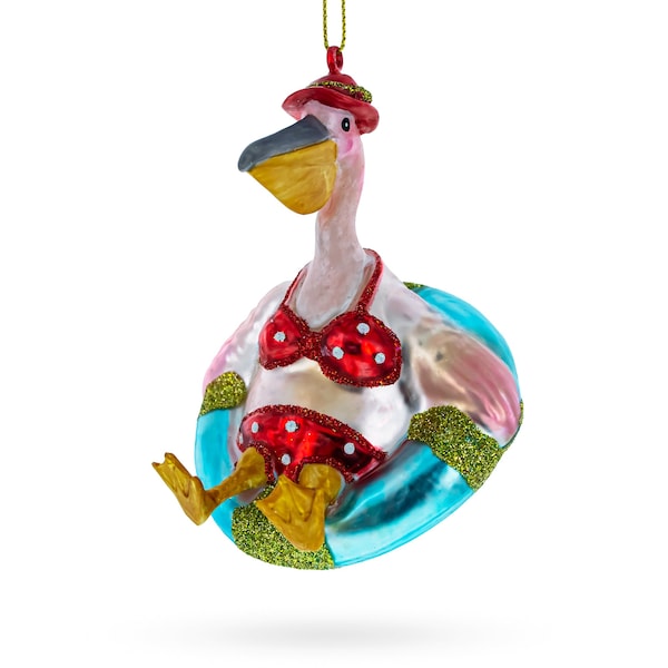 Laid-back Pelican on Inflatable Ring - Blown Glass Christmas Ornament