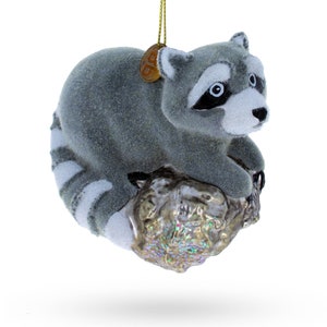 Playful Raccoon on a Log - Blown Glass Christmas Ornament