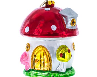 Whimsical Fairy Tale Mushroom House - Blown Glass Christmas Ornament