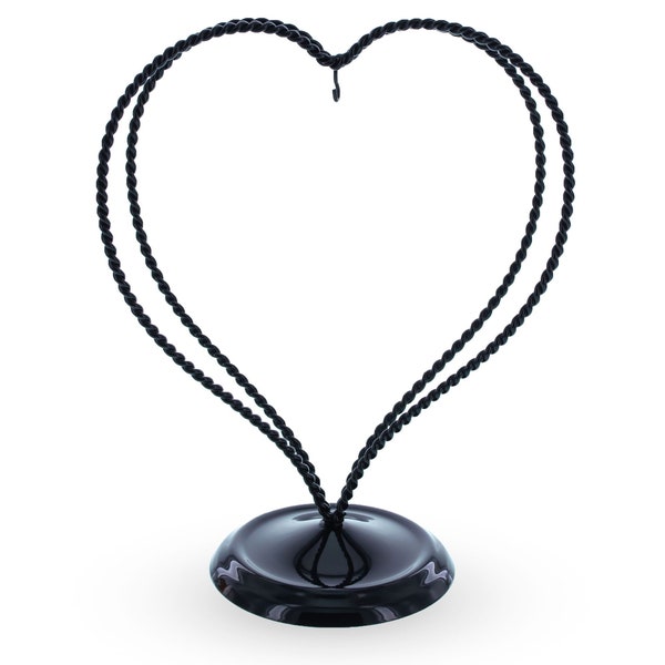 Double Swirled Heart Black Metal Solid Round Base Ornament Display Stand 7.25 Inches